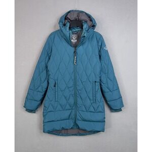 Moosejaw Jacket Womens Medium Blue Quilted Hooded Mid Length Puffer Winter Warm